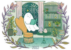 Carte de voeux 2022 Lyon BD Festival : illustration par Elléa Bird, fantôme buvant du thé dans sa bibliothèque cosy